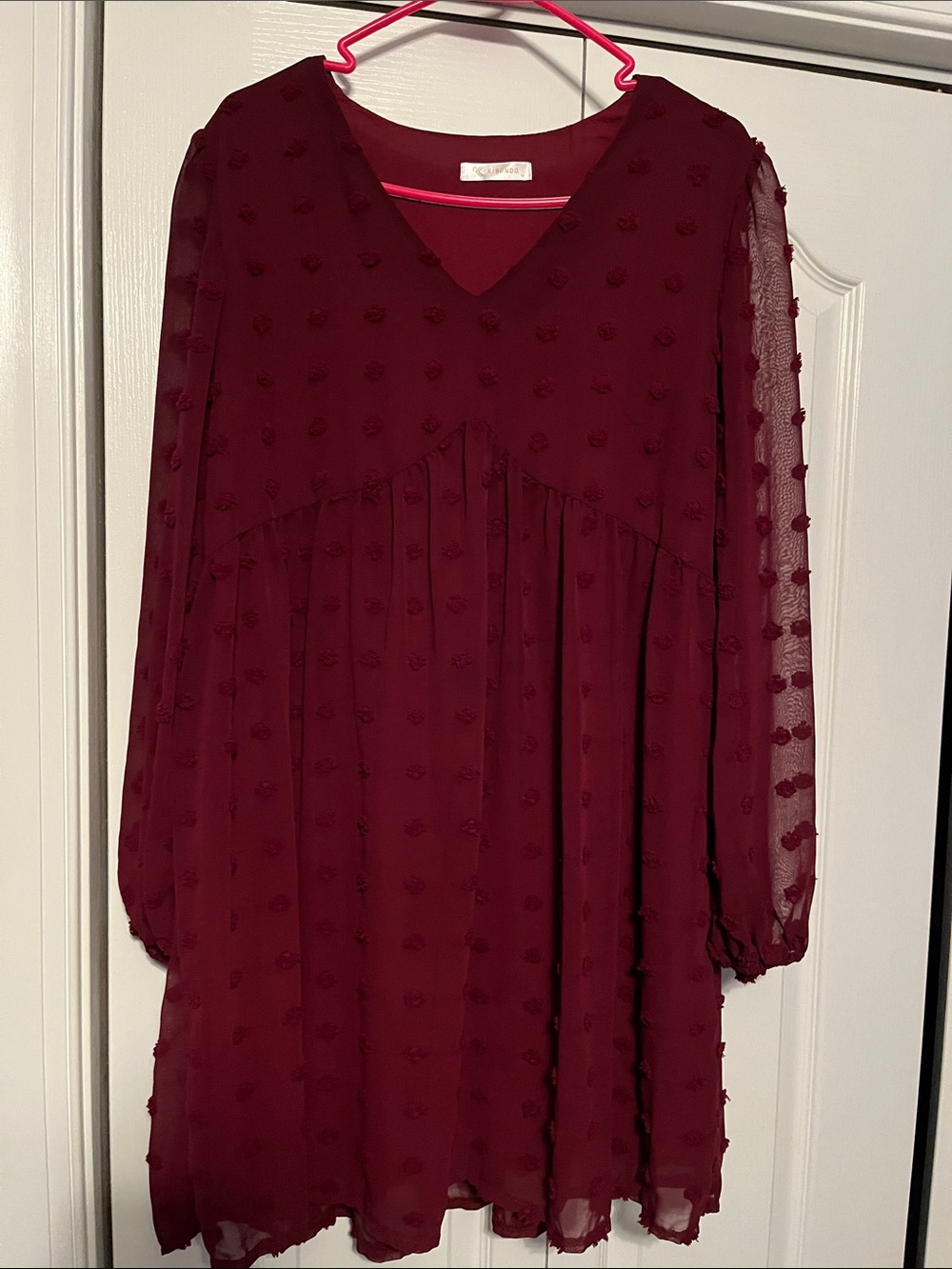 Long Sleeve Burgundy V-Neck Textured Chiffon Dress